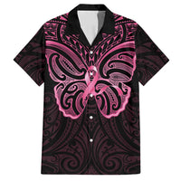 New Zealand Breast Cancer Awareness Family Matching Puletasi and Hawaiian Shirt Maori Butterfly Pink Ribbon Black Version - Polynesian Pride