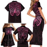 New Zealand Breast Cancer Awareness Family Matching Short Sleeve Bodycon Dress and Hawaiian Shirt Maori Butterfly Pink Ribbon Black Version - Polynesian Pride