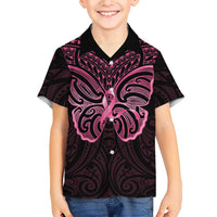 New Zealand Breast Cancer Awareness Family Matching Short Sleeve Bodycon Dress and Hawaiian Shirt Maori Butterfly Pink Ribbon Black Version - Polynesian Pride