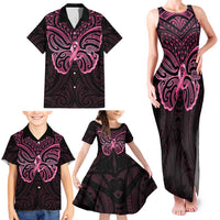 New Zealand Breast Cancer Awareness Family Matching Tank Maxi Dress and Hawaiian Shirt Maori Butterfly Pink Ribbon Black Version - Polynesian Pride