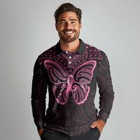 New Zealand Breast Cancer Awareness Long Sleeve Polo Shirt Maori Butterfly Pink Ribbon Black Version - Polynesian Pride