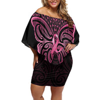 New Zealand Breast Cancer Awareness Off Shoulder Short Dress Maori Butterfly Pink Ribbon Black Version - Polynesian Pride