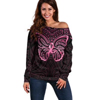 New Zealand Breast Cancer Awareness Off Shoulder Sweater Maori Butterfly Pink Ribbon Black Version - Polynesian Pride