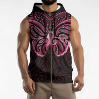 New Zealand Breast Cancer Awareness Sleeveless Zip Hoodie Maori Butterfly Pink Ribbon Black Version - Polynesian Pride