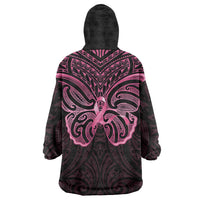 New Zealand Breast Cancer Awareness Wearable Blanket Hoodie Maori Butterfly Pink Ribbon Black Version - Polynesian Pride