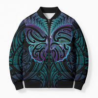 Suicide Prevention New Zealand Bomber Puffer Jacket Aotearoa Maori Butterfly Mix Silver Fern LT14 Unisex Black - Polynesian Pride