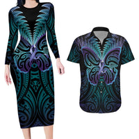 Suicide Prevention New Zealand Couples Matching Long Sleeve Bodycon Dress and Hawaiian Shirt Aotearoa Maori Butterfly Mix Silver Fern - Polynesian Pride