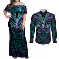 Suicide Prevention New Zealand Couples Matching Off Shoulder Maxi Dress and Long Sleeve Button Shirt Aotearoa Maori Butterfly Mix Silver Fern - Polynesian Pride