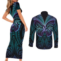 Suicide Prevention New Zealand Couples Matching Short Sleeve Bodycon Dress and Long Sleeve Button Shirt Aotearoa Maori Butterfly Mix Silver Fern - Polynesian Pride