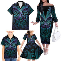 Suicide Prevention New Zealand Family Matching Off The Shoulder Long Sleeve Dress and Hawaiian Shirt Aotearoa Maori Butterfly Mix Silver Fern - Polynesian Pride