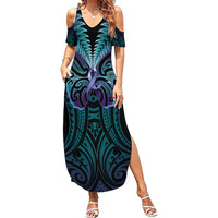 Suicide Prevention New Zealand Summer Maxi Dress Aotearoa Maori Butterfly Mix Silver Fern - Polynesian Pride