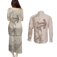 Beige Hawaii Couples Matching Puletasi and Long Sleeve Button Shirt Hammerhead Shark Tattoo Curve Polynesian LT14 - Polynesian Pride