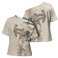 Beige Hawaii Cross Shoulder Shirt Hammerhead Shark Tattoo Curve Polynesian LT14 - Polynesian Pride