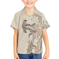 Beige Hawaii Family Matching Off The Shoulder Long Sleeve Dress and Hawaiian Shirt Hammerhead Shark Tattoo Curve Polynesian - Polynesian Pride