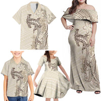 Beige Hawaii Family Matching Off Shoulder Maxi Dress and Hawaiian Shirt Hammerhead Shark Tattoo Curve Polynesian - Polynesian Pride