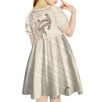 Beige Hawaii Kid Short Sleeve Dress Hammerhead Shark Tattoo Curve Polynesian - Polynesian Pride