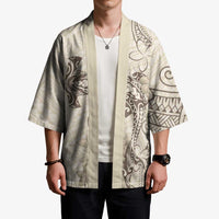 Beige Hawaii Kimono Hammerhead Shark Tattoo Curve Polynesian - Polynesian Pride