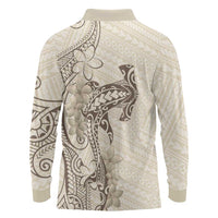 Beige Hawaii Long Sleeve Polo Shirt Hammerhead Shark Tattoo Curve Polynesian LT14 - Polynesian Pride