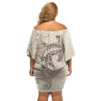 Beige Hawaii Off Shoulder Short Dress Hammerhead Shark Tattoo Curve Polynesian - Polynesian Pride