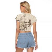 Beige Hawaii Raglan Cropped T Shirt Hammerhead Shark Tattoo Curve Polynesian - Polynesian Pride