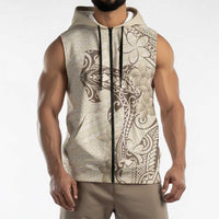 Beige Hawaii Sleeveless Zip Hoodie Hammerhead Shark Tattoo Curve Polynesian LT14 - Polynesian Pride