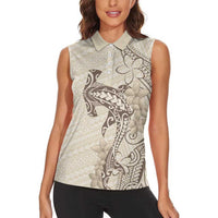Beige Hawaii Women Sleeveless Polo Shirt Hammerhead Shark Tattoo Curve Polynesian LT14 - Polynesian Pride
