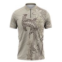 Beige Hawaii Zipper Polo Shirt Hammerhead Shark Tattoo Curve Polynesian LT14 Beige - Polynesian Pride