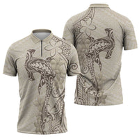 Beige Hawaii Zipper Polo Shirt Hammerhead Shark Tattoo Curve Polynesian LT14 - Polynesian Pride