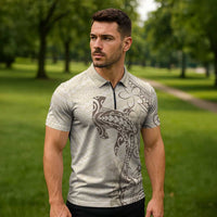 Beige Hawaii Zipper Polo Shirt Hammerhead Shark Tattoo Curve Polynesian LT14 - Polynesian Pride