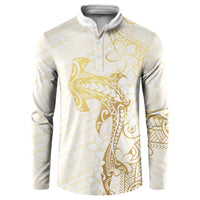 Gold and White Hawaii Button Sweatshirt Hammerhead Shark Tattoo Curve Polynesian LT14 White - Polynesian Pride