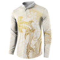 Gold and White Hawaii Button Sweatshirt Hammerhead Shark Tattoo Curve Polynesian LT14 - Polynesian Pride