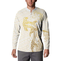 Gold and White Hawaii Button Sweatshirt Hammerhead Shark Tattoo Curve Polynesian LT14 - Polynesian Pride