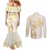 Gold and White Hawaii Couples Matching Mermaid Dress and Long Sleeve Button Shirt Hammerhead Shark Tattoo Curve Polynesian - Polynesian Pride
