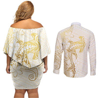 Gold and White Hawaii Couples Matching Off Shoulder Short Dress and Long Sleeve Button Shirt Hammerhead Shark Tattoo Curve Polynesian - Polynesian Pride