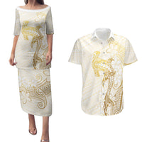 Gold and White Hawaii Couples Matching Puletasi and Hawaiian Shirt Hammerhead Shark Tattoo Curve Polynesian - Polynesian Pride