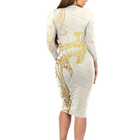 Gold and White Hawaii Family Matching Long Sleeve Bodycon Dress and Hawaiian Shirt Hammerhead Shark Tattoo Curve Polynesian - Polynesian Pride