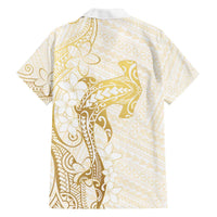 Gold and White Hawaii Family Matching Off The Shoulder Long Sleeve Dress and Hawaiian Shirt Hammerhead Shark Tattoo Curve Polynesian - Polynesian Pride