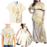 Gold and White Hawaii Family Matching Off Shoulder Maxi Dress and Hawaiian Shirt Hammerhead Shark Tattoo Curve Polynesian - Polynesian Pride