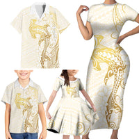 Gold and White Hawaii Family Matching Short Sleeve Bodycon Dress and Hawaiian Shirt Hammerhead Shark Tattoo Curve Polynesian - Polynesian Pride
