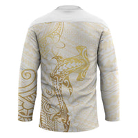 Gold and White Hawaii Hockey Jersey Hammerhead Shark Tattoo Curve Polynesian LT14 - Polynesian Pride