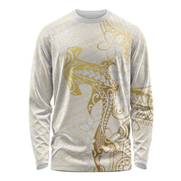 Gold and White Hawaii Long Sleeve Shirt Hammerhead Shark Tattoo Curve Polynesian LT14 Unisex White - Polynesian Pride