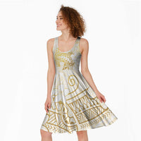 Gold and White Hawaii Midi Dress Hammerhead Shark Tattoo Curve Polynesian - Polynesian Pride