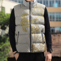 Gold and White Hawaii Sleeveless Puffer Jacket Hammerhead Shark Tattoo Curve Polynesian LT14 - Polynesian Pride