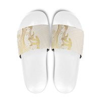 Gold and White Hawaii Slide Sandals Hammerhead Shark Tattoo Curve Polynesian - Polynesian Pride