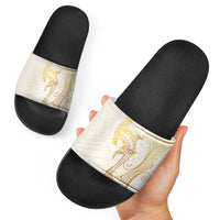Gold and White Hawaii Slide Sandals Hammerhead Shark Tattoo Curve Polynesian - Polynesian Pride