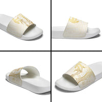 Gold and White Hawaii Slide Sandals Hammerhead Shark Tattoo Curve Polynesian - Polynesian Pride