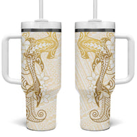 Gold and White Hawaii Tumbler With Handle Hammerhead Shark Tattoo Curve Polynesian - Polynesian Pride