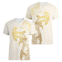 Gold and White Hawaii Women V-Neck T-Shirt Hammerhead Shark Tattoo Curve Polynesian - Polynesian Pride