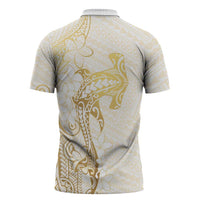 Gold and White Hawaii Zipper Polo Shirt Hammerhead Shark Tattoo Curve Polynesian LT14 - Polynesian Pride