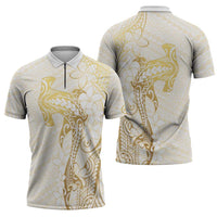 Gold and White Hawaii Zipper Polo Shirt Hammerhead Shark Tattoo Curve Polynesian LT14 - Polynesian Pride